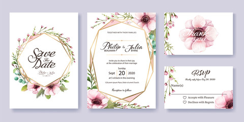 Wedding Invitation, save the date, thank you, rsvp card Design template. Vector. Anemone flower, silver dollar, leaves, Wax flower.