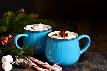 Hot chocolate is a traditional winter drink. Christmas background.