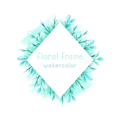 Frame with watercolor green leaves and branches on a white background.