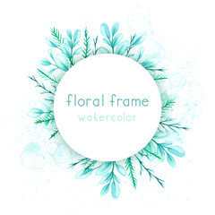 Round frame with watercolor green leaves and branches on a white background.