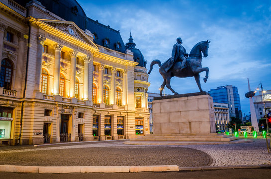King Carol the 1st statue in Bucharest, morning light