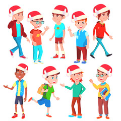Christmas Children Set Vector. Santa Hat. Boys And Girls. Eve. Isolated Cartoon Illustration