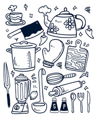 kitchen equipment and utensil hand drawn doodle