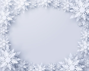 Vector Merry Christmas and Happy New Year greeting card design with white realistic 3d layered paper cut snowflakes. Seasonal Christmas and New Year holidays paper art background