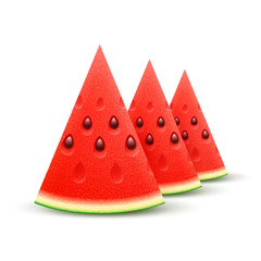 Watermelon sliced fruit juicy pieces of cut isolated on white background. Vector realistic wedge of fresh ripe sweet watermelons fruit. 3d realistic icon
