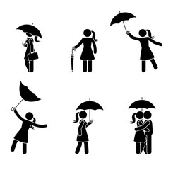 Stick figure woman with various umbrella icon set. Female and kissing couple under the rain on white background