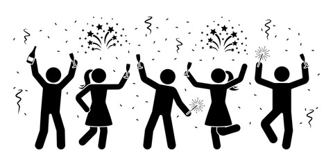 Happy stick figures celebrating New Year night icon. Men and women firework, serpentine, sparkler pictogram