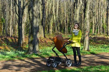 Mothers day concept. Happy mother walk baby pram in spring park on mothers day. The best mom ever
