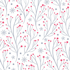 beautiful seamless pattern with branches and snowflakes, winter theme, whitebackground