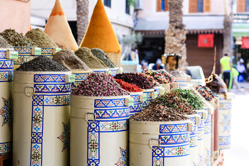 Beautifully displaced spices for sale in a souk in Marrakech, Morocco