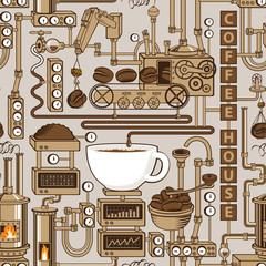 Vektornahtloses Muster zum Thema Kaffee mit einer Tasse frisch gebrühtem Kaffee, Anlage mit Förderkaffeeproduktion im Retro-Stil und mit Worten Kaffeehaus.