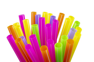 Multi-colored plastic straw on white background.