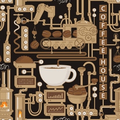 Vector naadloos patroon op koffiethema met een kopje vers gezette koffie, plant met transportbandkoffieproductie in retrostijl en met woorden koffiehuis.
