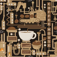 Behang Koffie Vector naadloos patroon op koffiethema met een kopje vers gezette koffie, plant met transportbandkoffieproductie in retrostijl en met woorden koffiehuis.