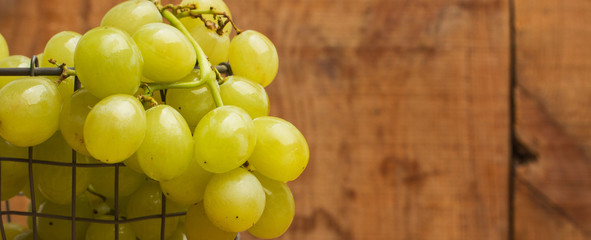 Racimos de uvas con fondo de madera rústico. Vista de frente y vista panorámica. Copy space