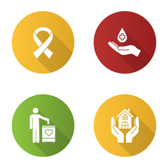 Charity flat design long shadow glyph icons set