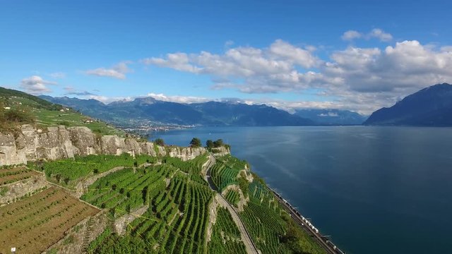 Drone shot of a typical village in the Lavaux wineyard, Switzerland next to Lake Leman. Shot on Inspire1 drone in 4k
