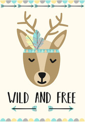 Vector image of a deer in the style of Boho. A cartoon hand-drawn illustration of animals with the inscription Wild and free for use as a print for children, on Baby Shower, banner, postcard, poster.