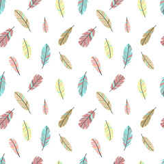 Seamless pattern of cartoon feathers in Boho style. Hand-drawn illustration for use as print, background, wrapping paper, postcard.