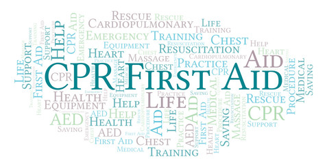 CPR First Aid word cloud, made with text only.