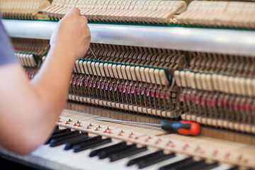 Piano repairers or musicians are repairing and customizing the piano.
