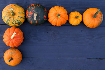 Pumpkins and squashes varieties on wooden background