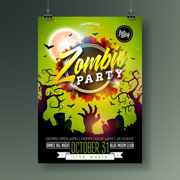 Halloween Zombie Party flyer illustration with cemetery, autumn leaves and moon on green background. Vector Holiday design template with zombie hand, tomstones and flying bats for party invitation