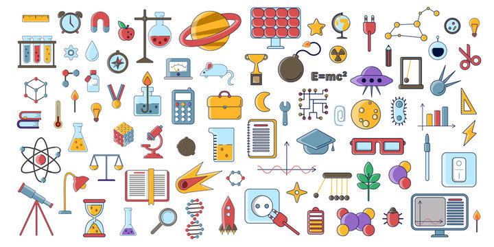 Set of scientific vector flat icons, education signs and symbols in colored modern science design with elements for mobile concepts and web apps. Collection of cute educational and science icons