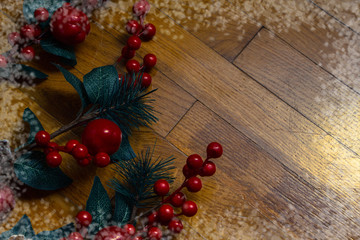 Fototapeta na wymiar Christmas Fir Tree On Wooden Background With Snowflakes