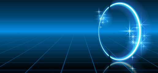 Fantastic background with neon circular line, stars and space portal into another dimension - obrazy, fototapety, plakaty
