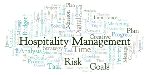 Fototapeta na wymiar Hospitality Management word cloud, made with text only.