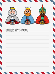 The three kings of orient. Funny vectorized letter. Dear wise men written in Spanish