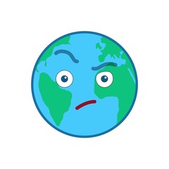 Suspecting world globe emoticon. Envious blue planet emoji. Social communication and weather widget. Distrustful face showing facial emotion. Funny earth with clouds icon. Weather forecast vector
