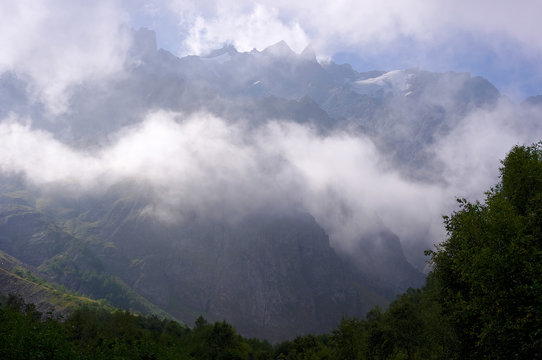 Fototapeta High mountans  with forest in fog and clouds