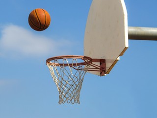 Basketball Flying Into A Net Backboard