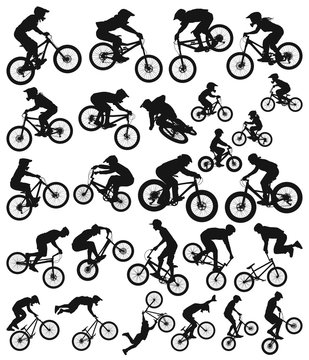 Downhill cross country freeride trial slopestyle dirt jump bmx and mountain bike  bicycles vector silhouette collection