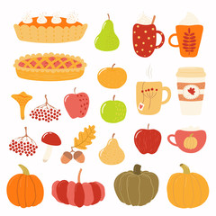 Big autumn set with rowan, acorns, mushrooms, pumpkins, apples, pears, pies, mugs. Isolated objects on white background. Hand drawn vector illustration. Flat style design. Concept for season change