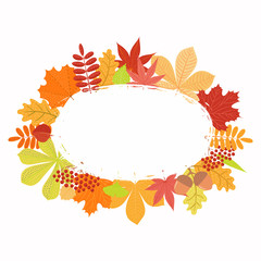 Hand drawn vector illustration with frame of autumn leaves, copy space. Isolated objects on white background. Flat style design. Concept for seasonal banner, poster, card.