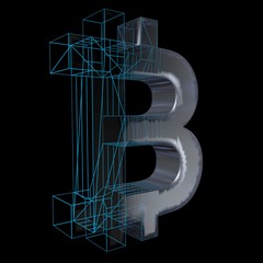 Bitcoin sign, blue grid goes to platinum or silver on a black background. 3D illustration