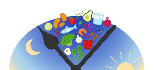 Intervallfasten, Fasten, Ramadan, Abnehmen, gesundes Essen zu bestimmten Zeiten. Ern&auml;hrung, Di&auml;t, konzeptionelle Grafik, nachts essen