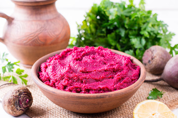 Beetroot hummus. Healthy vegan appetizer