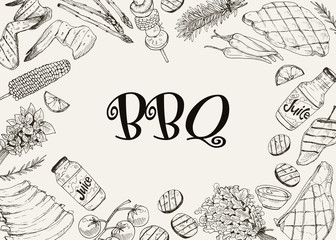 BBQ and grill banner with sketch objects isolated on white background. Hand drawn barbecue elements around decorative text. Grill menu design template.