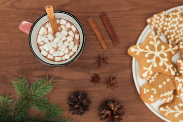 top view of cup with hot chocolate and marshmallows, cinnamon sticks and gingerbread cookies