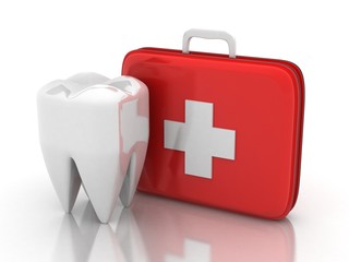 3d rendering healthy tooth with first aid box