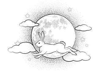 Fotobehang White rabbit against the background of the moon, sky and stars. © Larisa