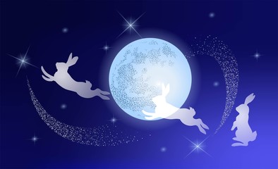 Naklejka premium White rabbits against the background moon, night sky and stars.