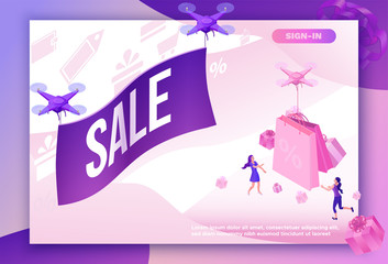 Sale isometric design, drone flying with poster, online offer concept for ecommerce discount campaign, cyber monday or black friday landing page template, 3d vector illustration with violet box