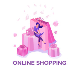 Sale isometric design, online offer concept for ecommerce discount campaign, black friday landing page template, 3d vector illustration with violet box, girl purchasing gifts on laptop