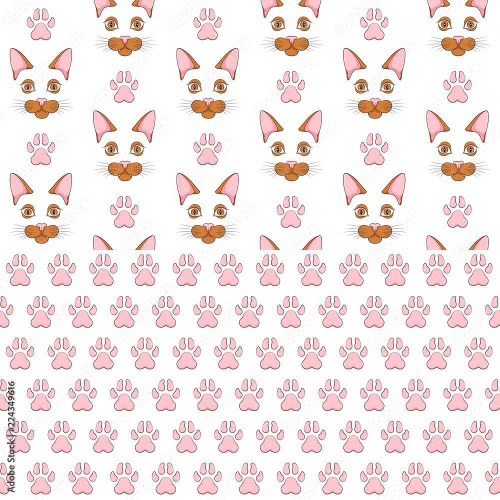 Poster set of seamless patterns with ginger cat face and paw prints. colored vector backgrounds on a white 