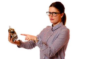 Junge Frau mit Wecker